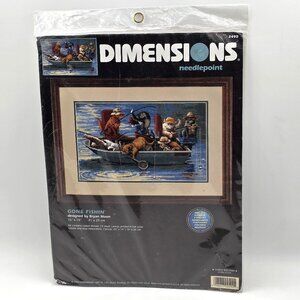 Dimensions VTG NEEDLEPOINT Kit GONE FISHIN CATS Boat Bryan Moon Sealed USA #2490